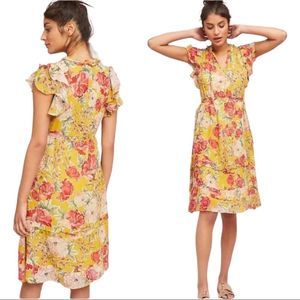Anthropologie Yellow Floral Midi Dress with Pink & Cream Blooms